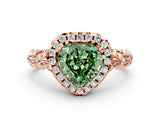 Rose gold Fancy Green Heart Cut Halo Diamond Solitaire with Filigree Band and Four-Prong Setting
