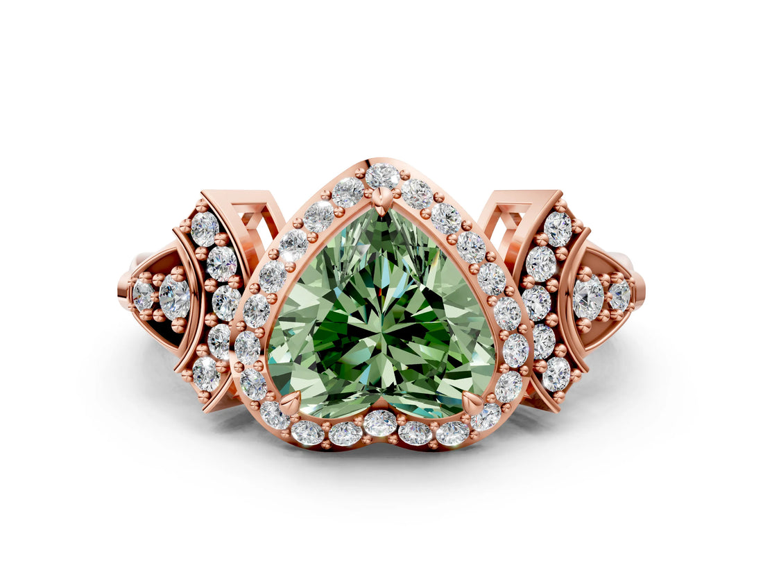 Rose gold Fancy Green Heart Cut Halo Diamond Split Shank Engagement Ring with Four-Prong Setting