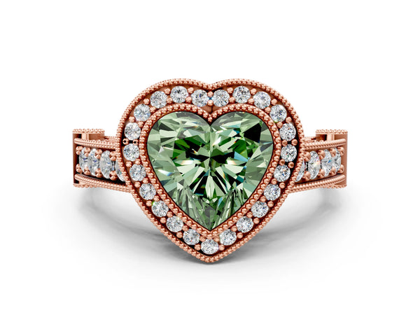 Rose Gold Heart-Shaped Vintage Bezel Halo Engagement Ring Setting for Fancy Green Center