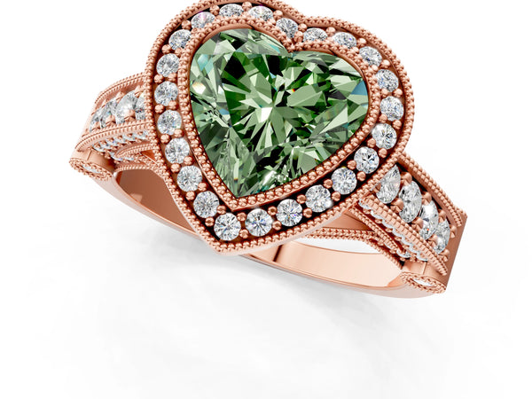 Rose Gold Heart-Shaped Vintage Bezel Halo Engagement Ring Setting for Fancy Green Center
