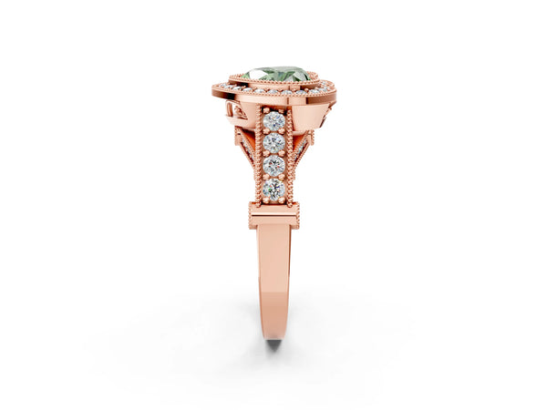 Rose Gold Heart-Shaped Vintage Bezel Halo Engagement Ring Setting for Fancy Green Center