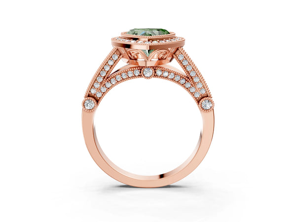 Rose Gold Heart-Shaped Vintage Bezel Halo Engagement Ring Setting for Fancy Green Center