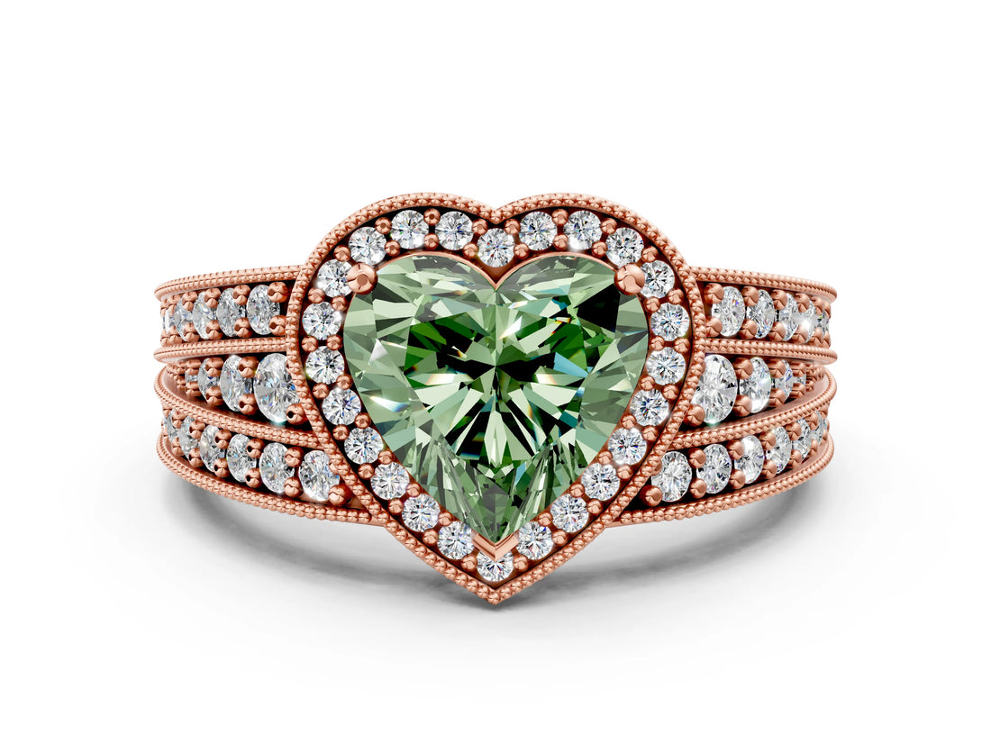 Rose gold Fancy Green Heart Cut Halo Diamond Split Shank Ring with Prong Setting