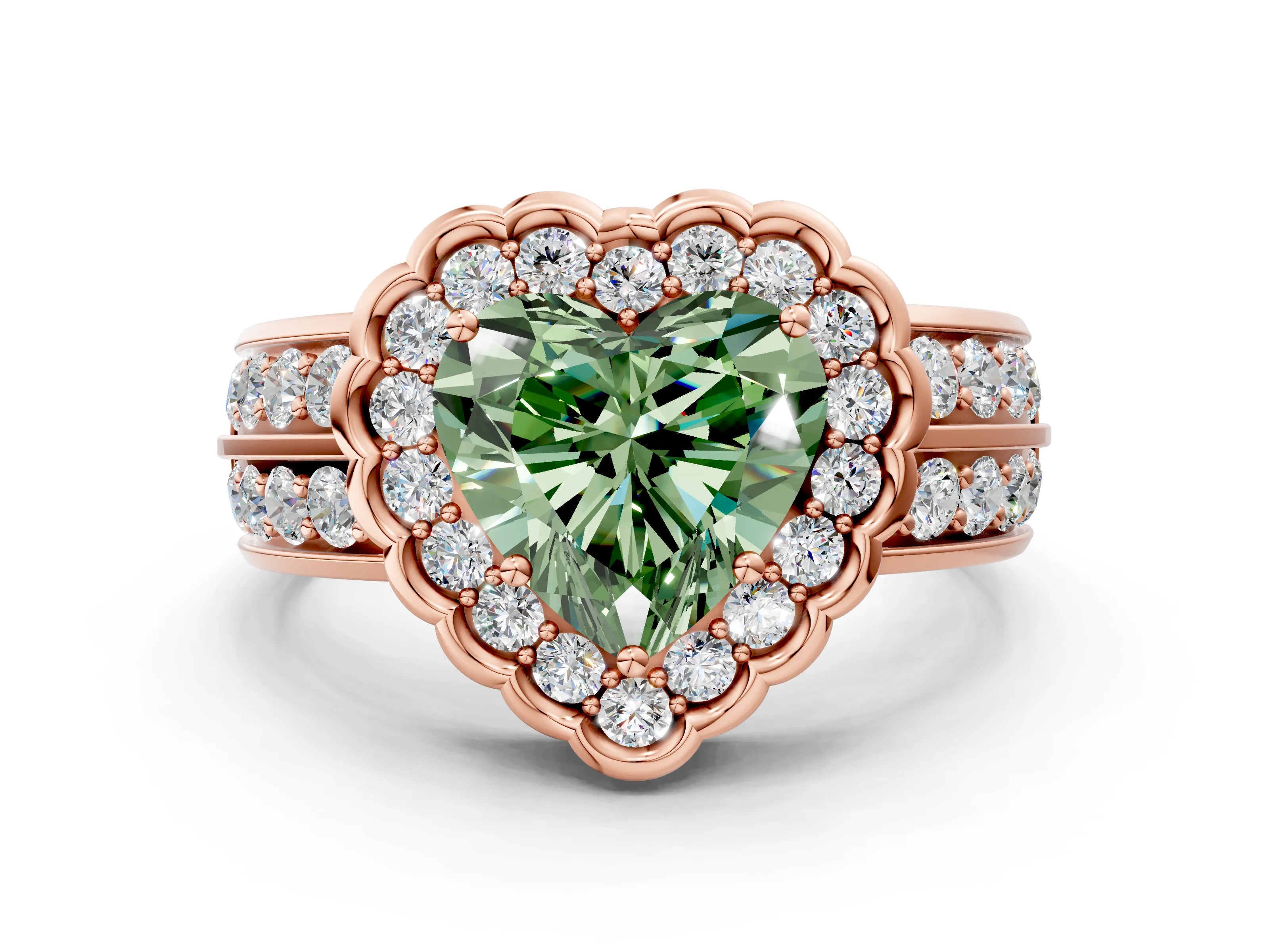 Rose gold Fancy Green Heart Cut Halo Diamond Split Shank Ring with Scalloped Prong Setting