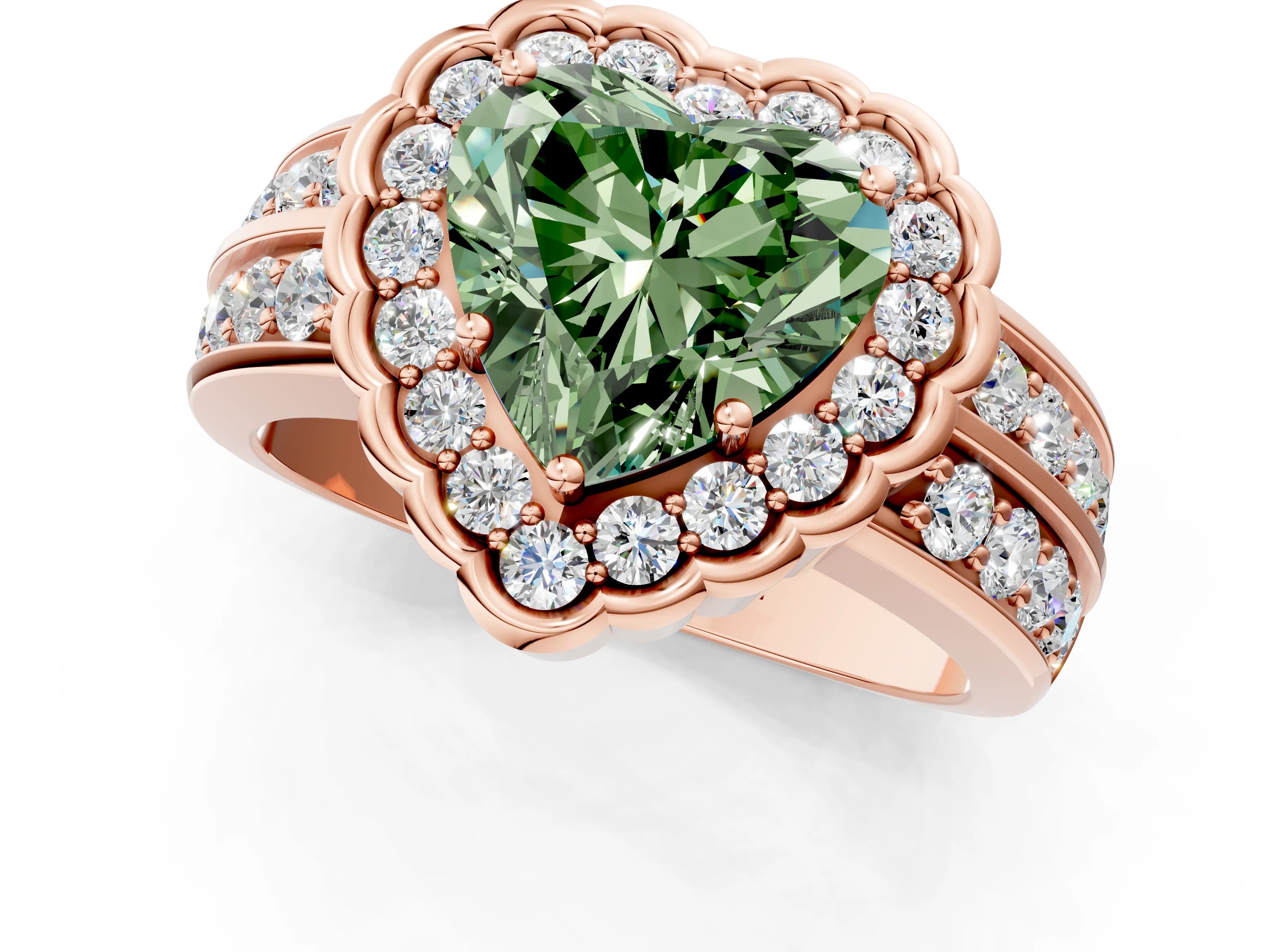 Rose gold Fancy Green Heart Cut Halo Diamond Split Shank Ring with Scalloped Prong Setting_1