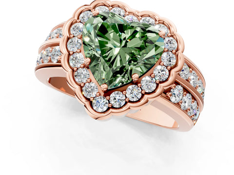 Rose gold Fancy Green Heart Cut Halo Diamond Split Shank Ring with Scalloped Prong Setting_1