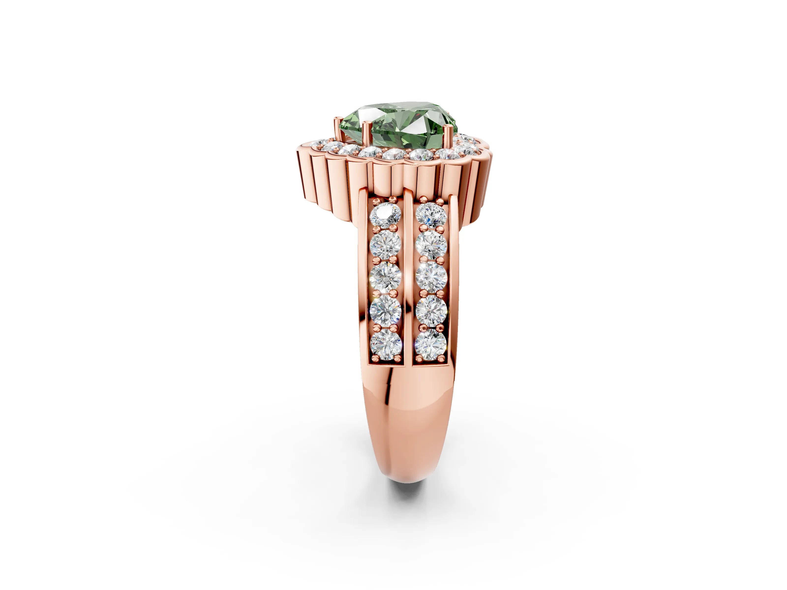 Rose gold Fancy Green Heart Cut Halo Diamond Split Shank Ring with Scalloped Prong Setting_2