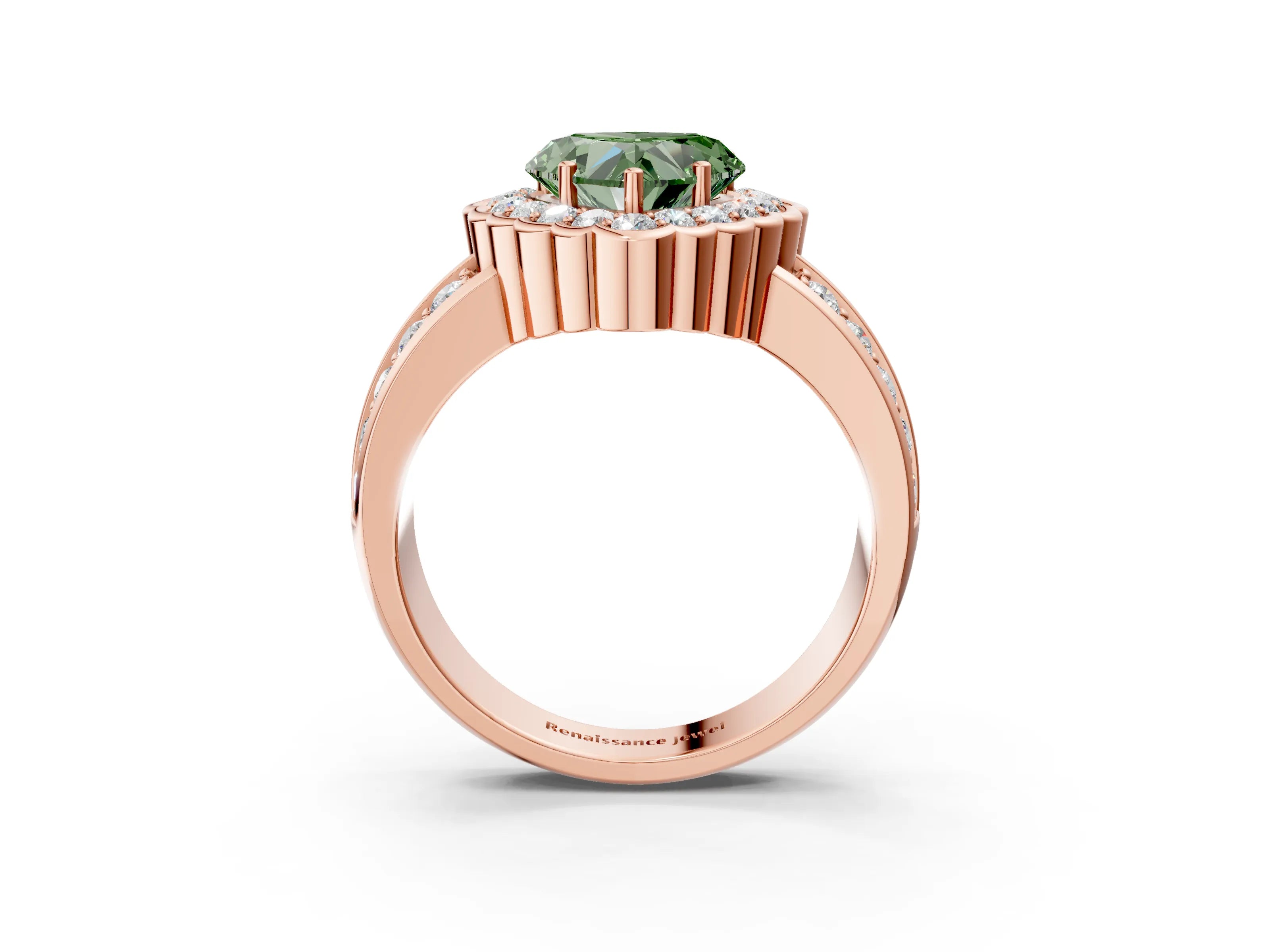Rose gold Fancy Green Heart Cut Halo Diamond Split Shank Ring with Scalloped Prong Setting_3