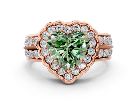 Rose gold Fancy Green Heart Cut Halo Diamond Split Shank Ring with Scalloped Prong Setting