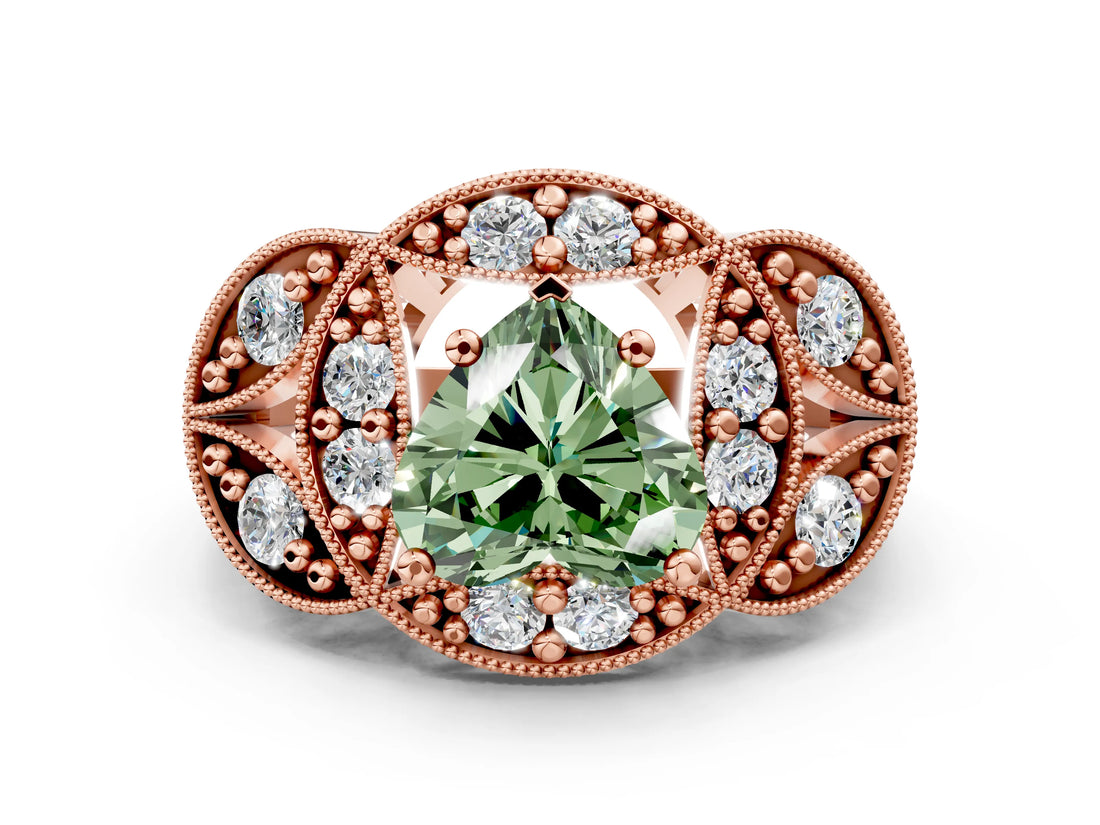 Rose gold Fancy Green Heart Cut Halo Milgrain Diamond Engagement Ring with Leaf Band and Four-Prong Setting