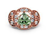 Rose gold Fancy Green Heart Cut Halo Milgrain Diamond Engagement Ring with Leaf Band and Four-Prong Setting