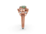 Rose gold Fancy Green Heart Cut Halo Milgrain Diamond Engagement Ring with Leaf Band and Four-Prong Setting_2