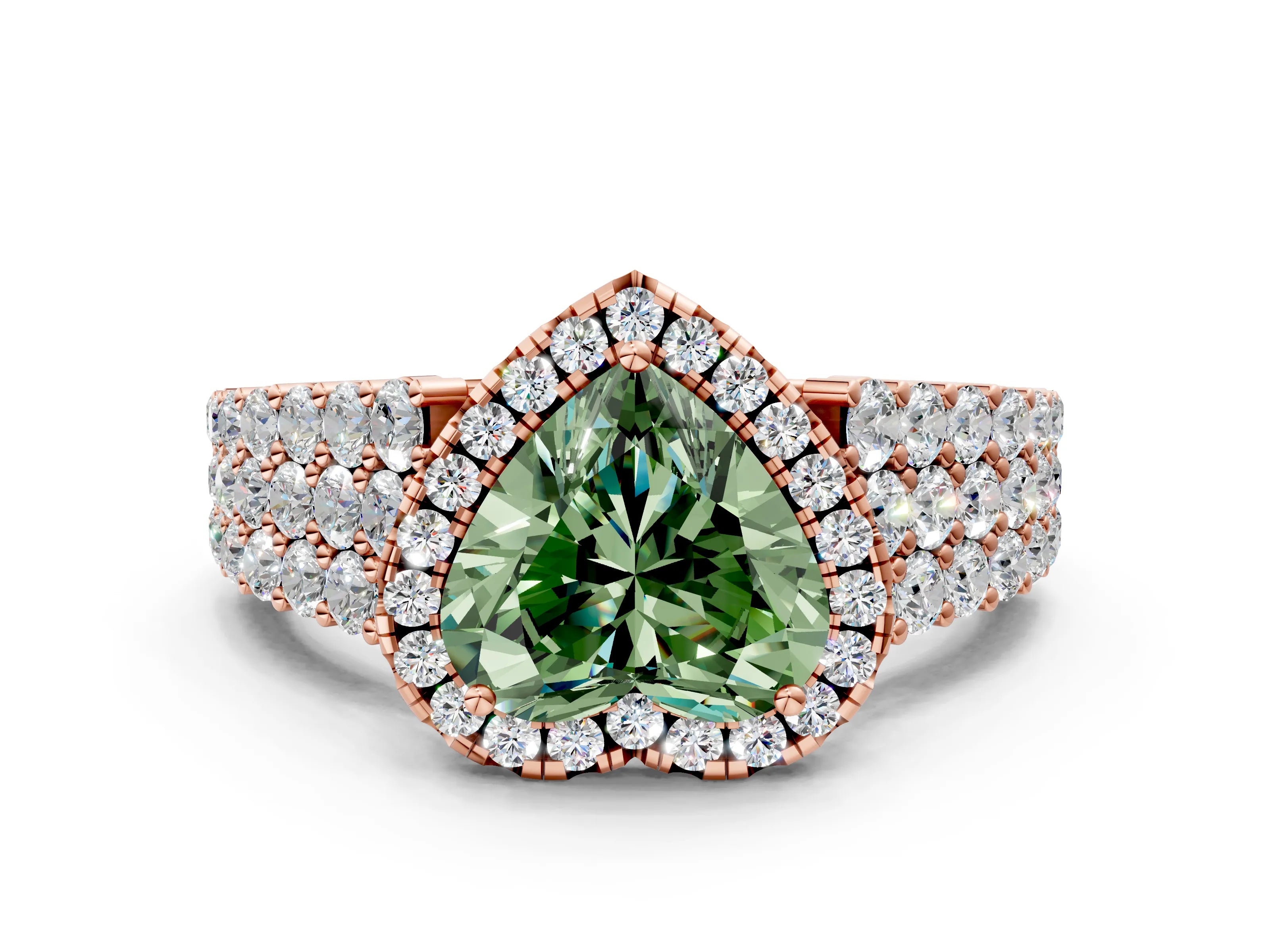 Rose gold Fancy Green Heart Cut Halo Pavé Diamond Engagement Ring with Split Shank and Four-Prong Setting_3