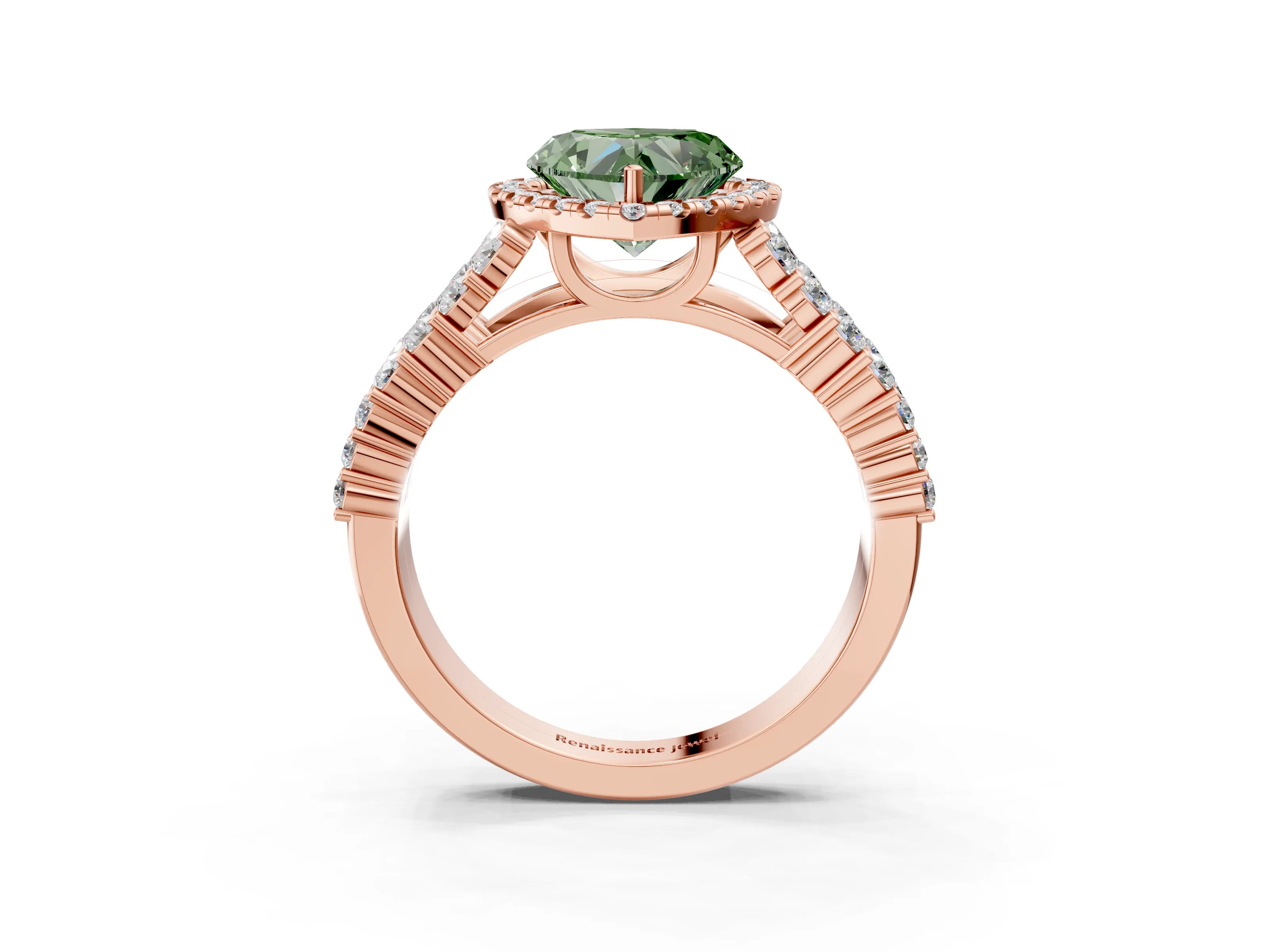 Rose gold Fancy Green Heart Cut Halo Pavé Diamond Engagement Ring with Split Shank and Four-Prong Setting_6