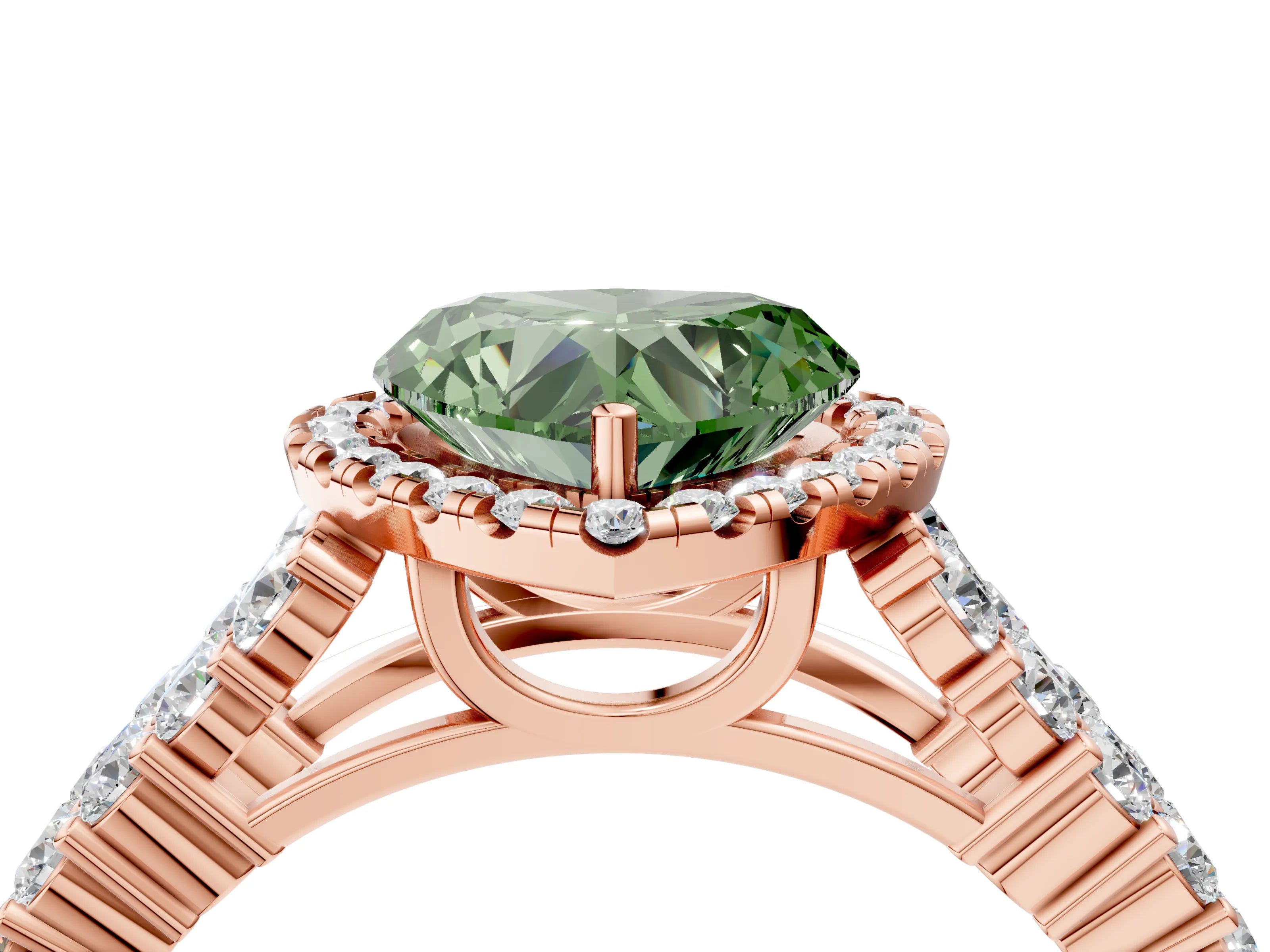 Rose gold Fancy Green Heart Cut Halo Pavé Diamond Engagement Ring with Split Shank and Four-Prong Setting_7