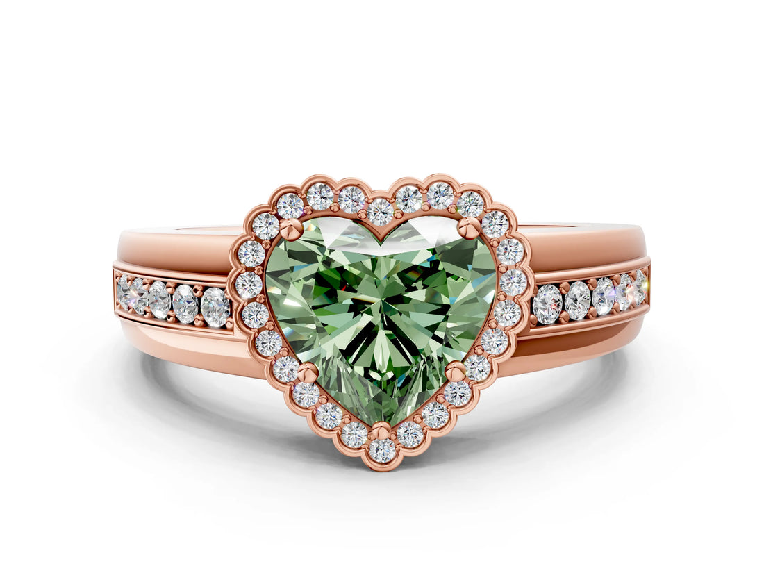 Rose gold Fancy Green Heart  Cut Halo Pave Band Four-Prong Ring_30