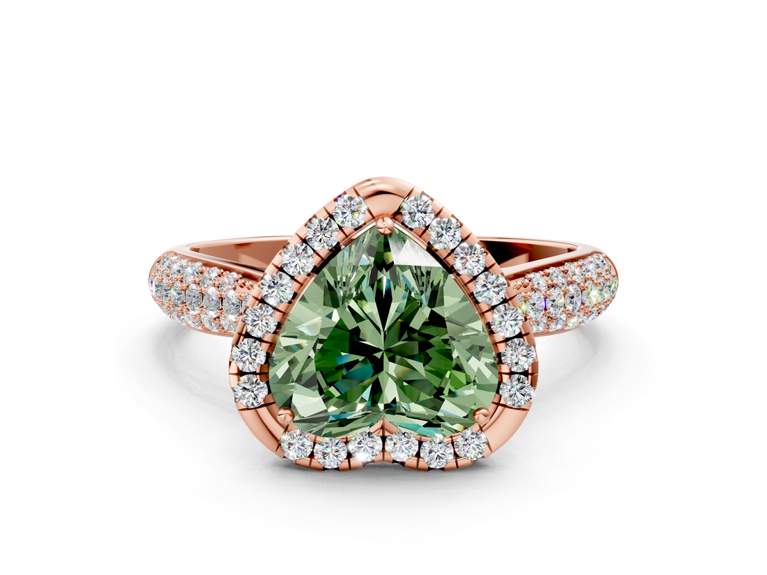 Rose gold Fancy Green Heart  Cut Halo Pave Band Four-Prong Setting Ring