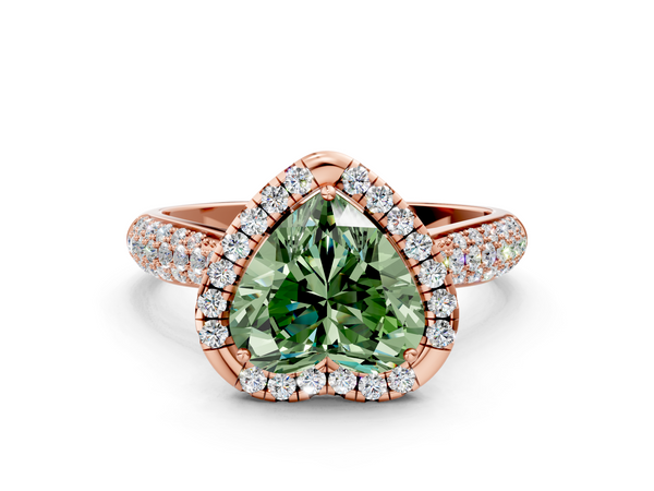 Rose gold Fancy Green Heart  Cut Halo Pave Band Four-Prong Setting Ring