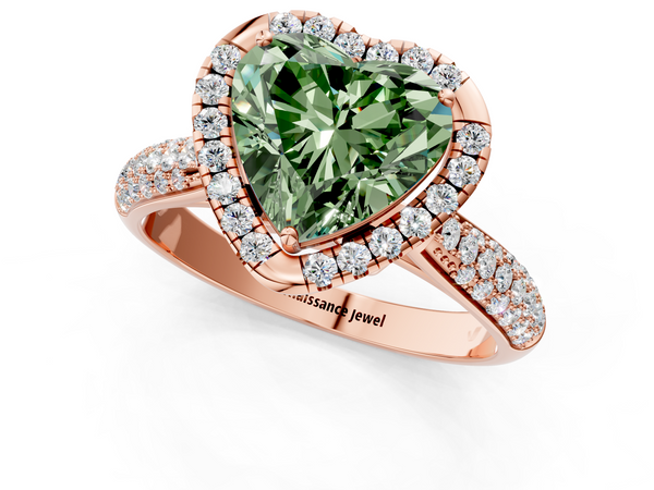 Rose gold Fancy Green Heart  Cut Halo Pave Band Four-Prong Setting Ring