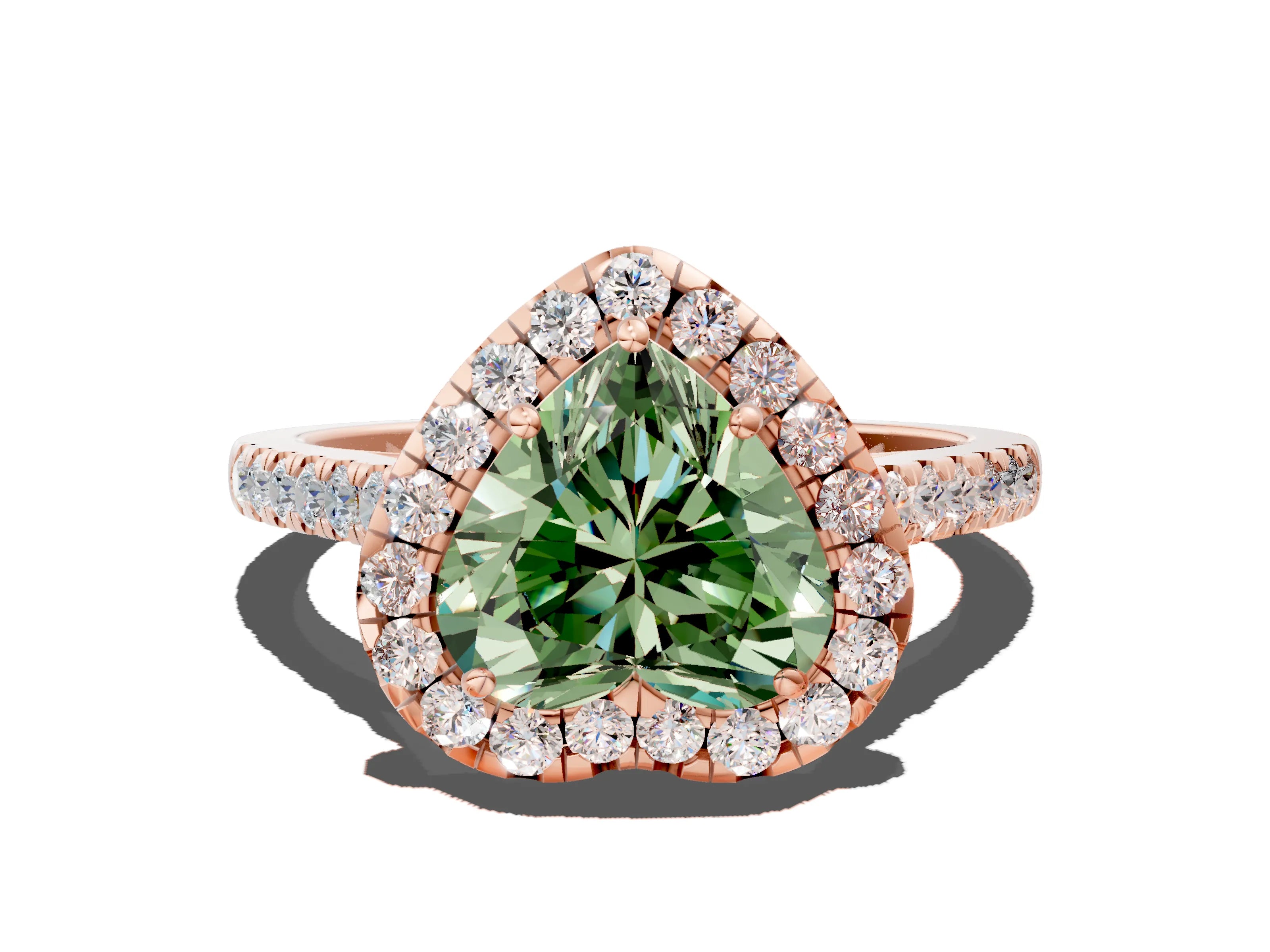 Rose gold Fancy Green Heart Cut Halo Pave Diamond Engagement Ring with Four-Prong Setting
