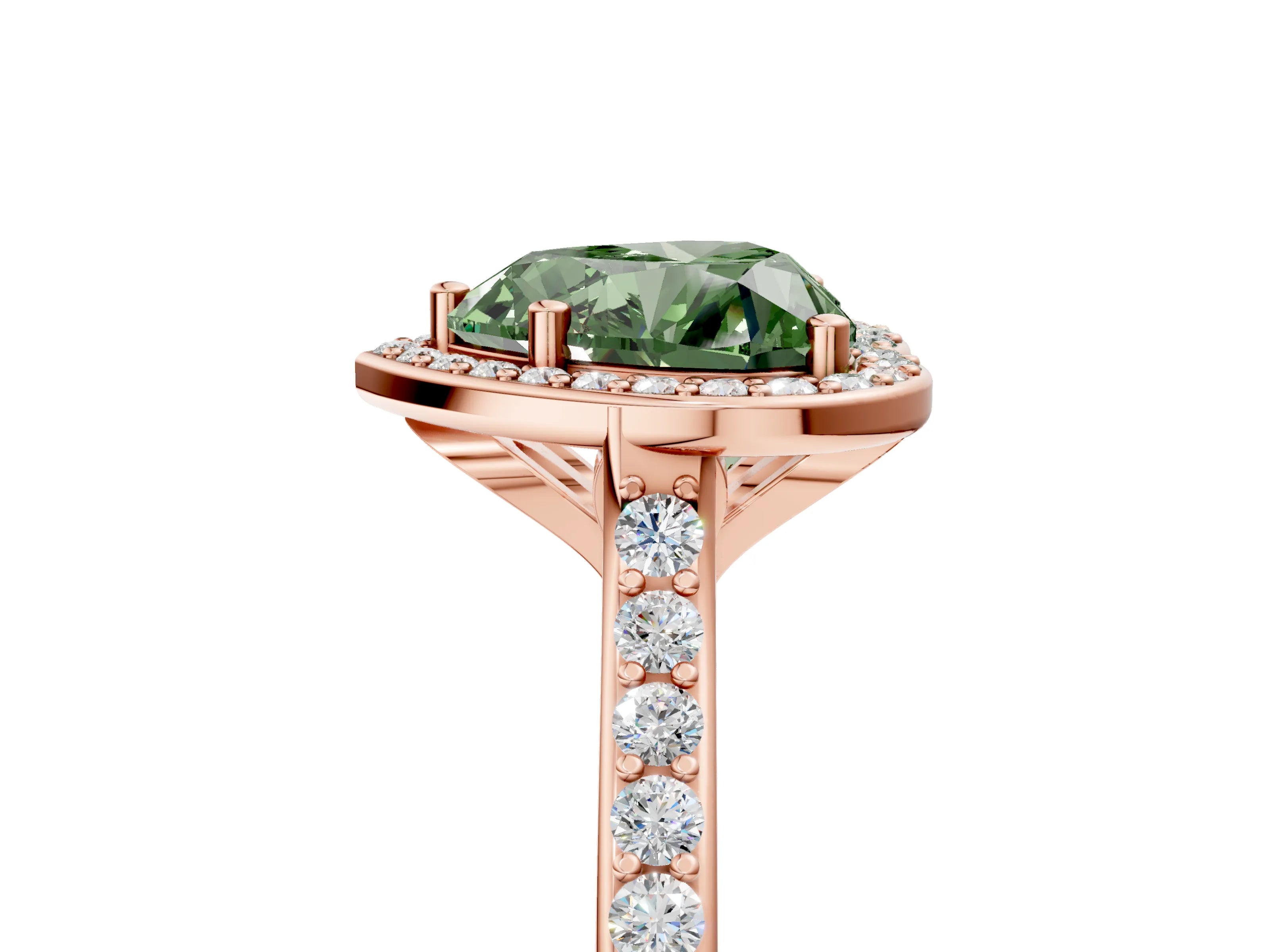 Rose gold Fancy Green Heart Cut Halo Round Diamond Pavé Band with Four-Prong Setting_8
