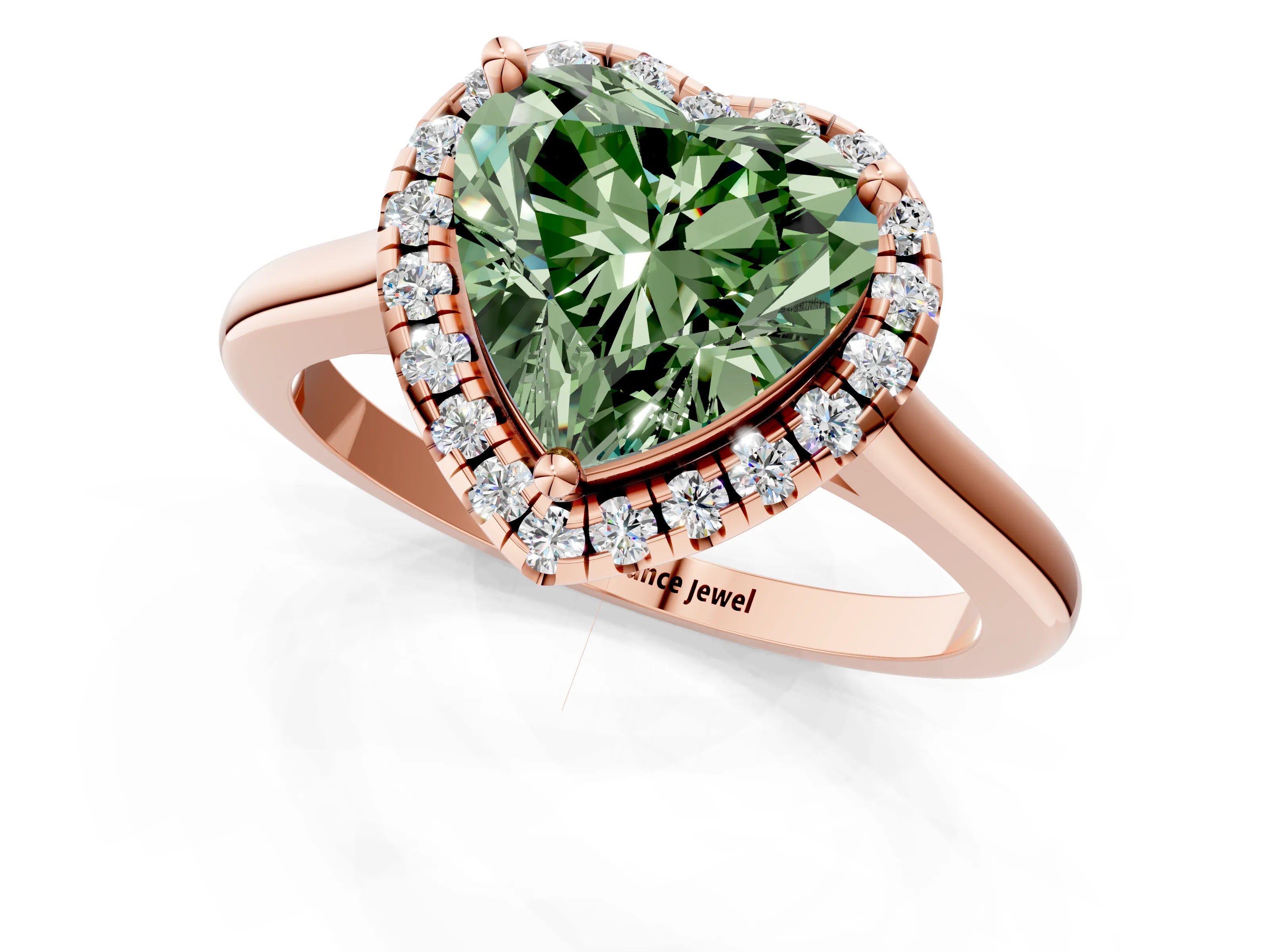 Rose gold Fancy Green Heart Cut Halo Round Diamond Solitaire Engagement Ring with Pave Band and Four-Prong Setting_1