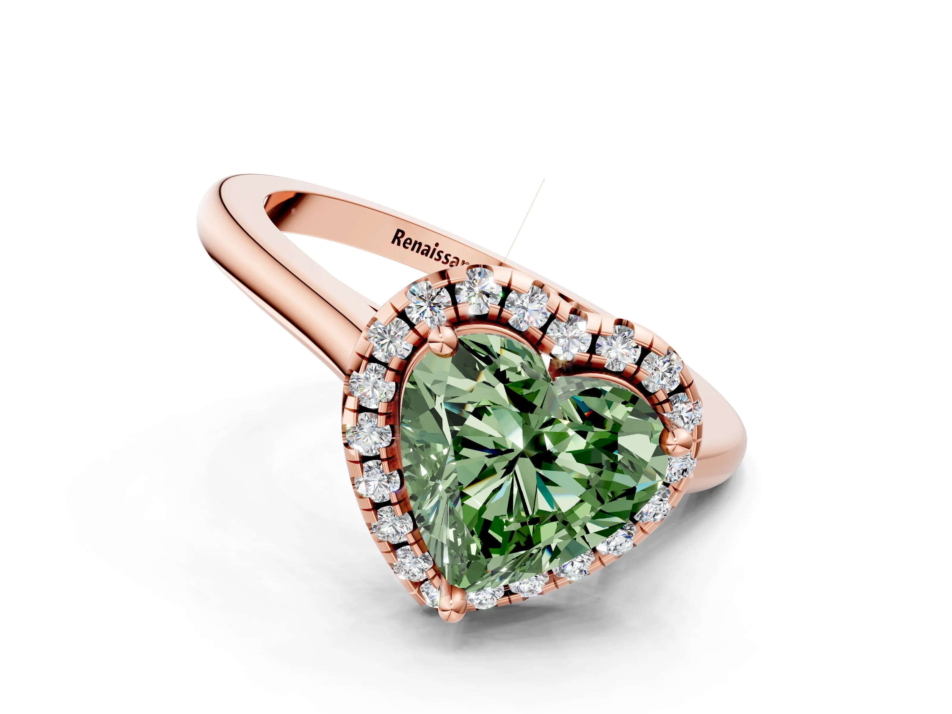Rose gold Fancy Green Heart Cut Halo Round Diamond Solitaire Engagement Ring with Pave Band and Four-Prong Setting_13