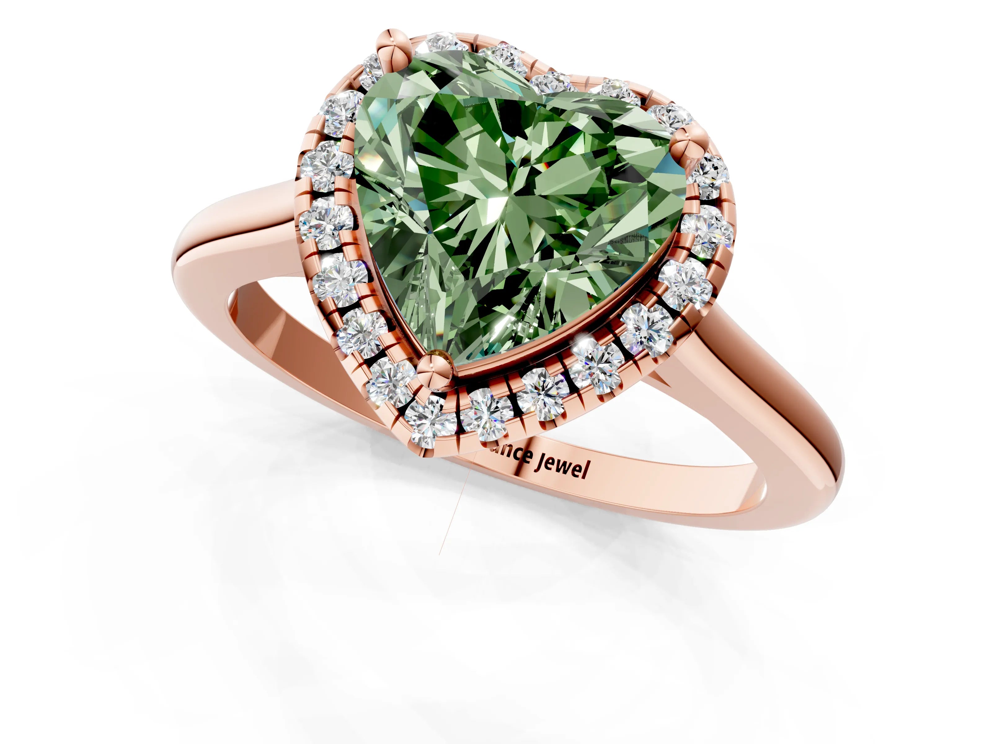 Rose gold Fancy Green Heart Cut Halo Round Diamond Solitaire Engagement Ring with Pave Band and Four-Prong Setting_14