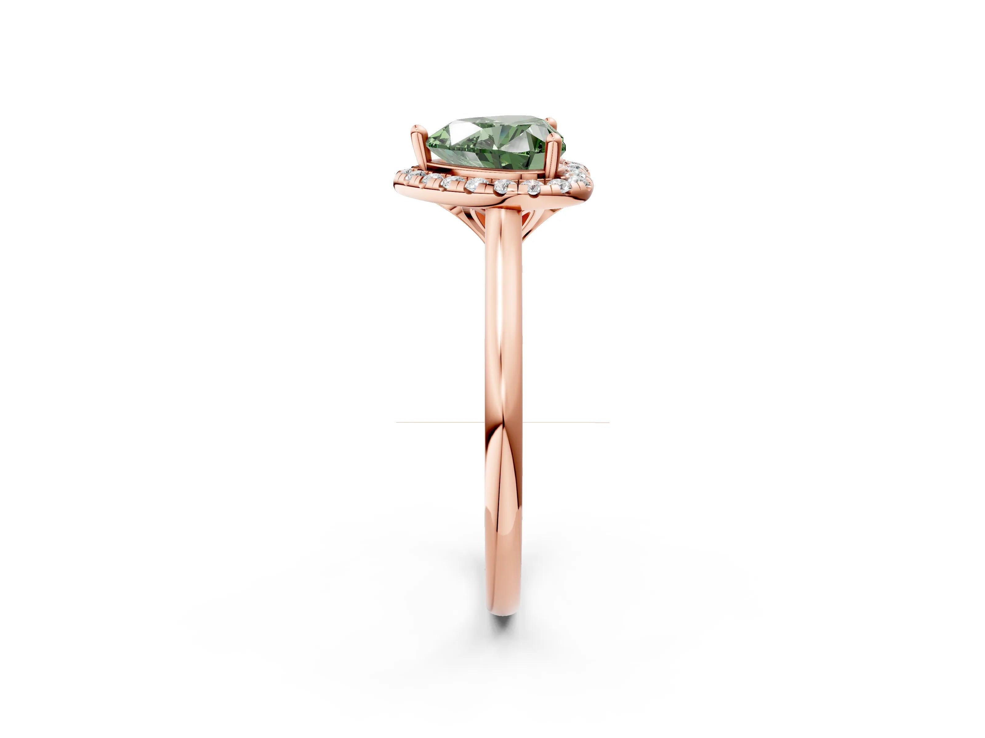 Rose gold Fancy Green Heart Cut Halo Round Diamond Solitaire Engagement Ring with Pave Band and Four-Prong Setting_15