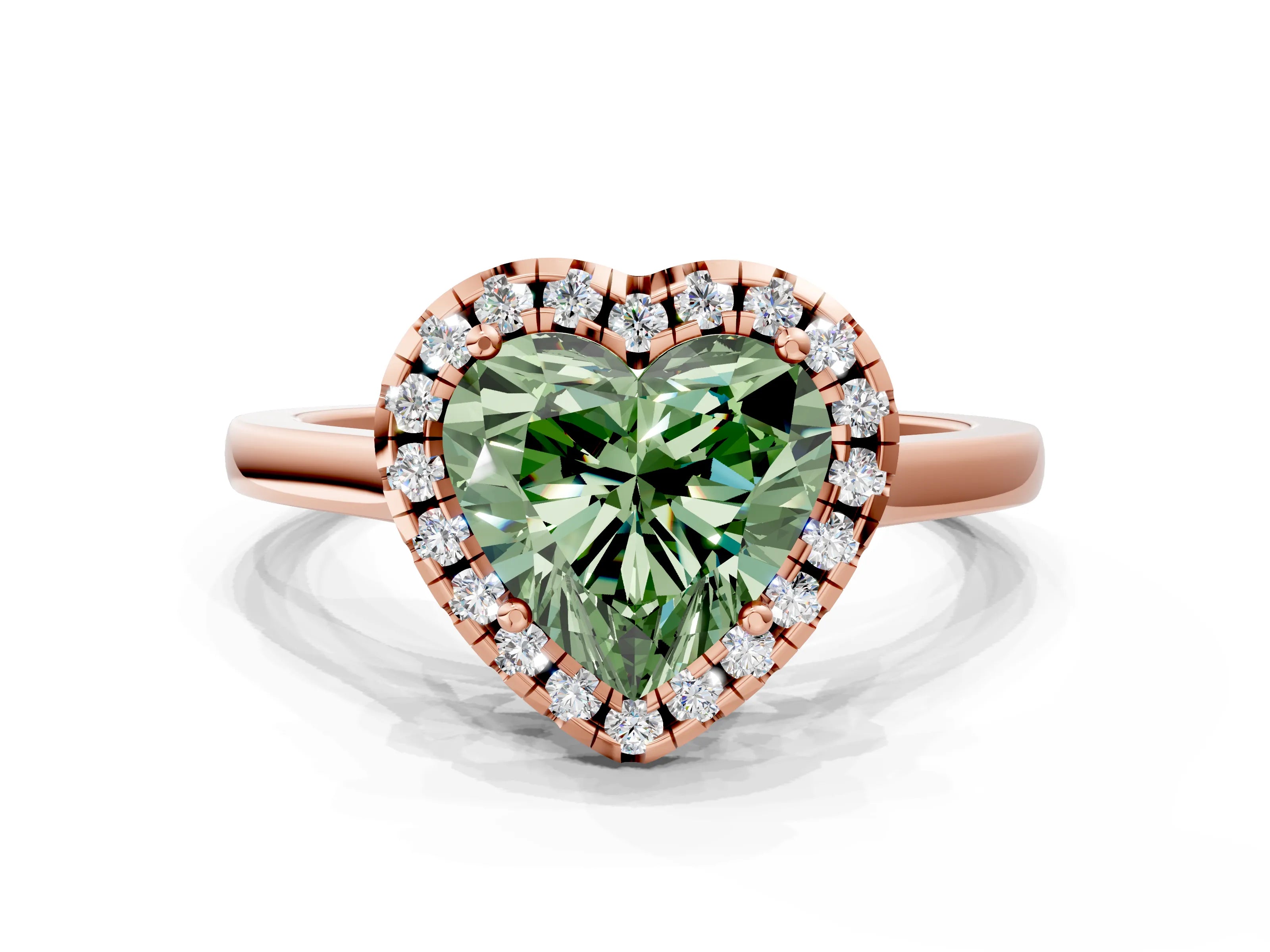 Rose gold Fancy Green Heart Cut Halo Round Diamond Solitaire Ring with Pavé Band and Four-Prong Setting_12