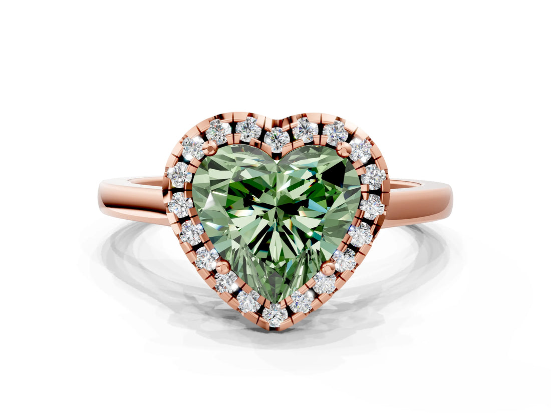 Rose gold Fancy Green Heart Cut Halo Round Diamond Solitaire Ring with Pavé Band and Four-Prong Setting_12