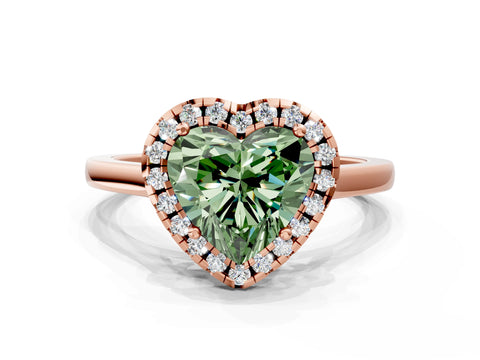 Rose gold Fancy Green Heart Cut Halo Round Diamond Solitaire Ring with Pavé Band and Four-Prong Setting_12