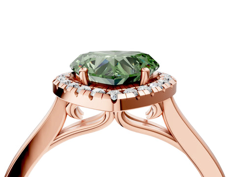 Rose gold Fancy Green Heart Cut Halo Round Diamond Solitaire Ring with Pavé Band and Four-Prong Setting_16