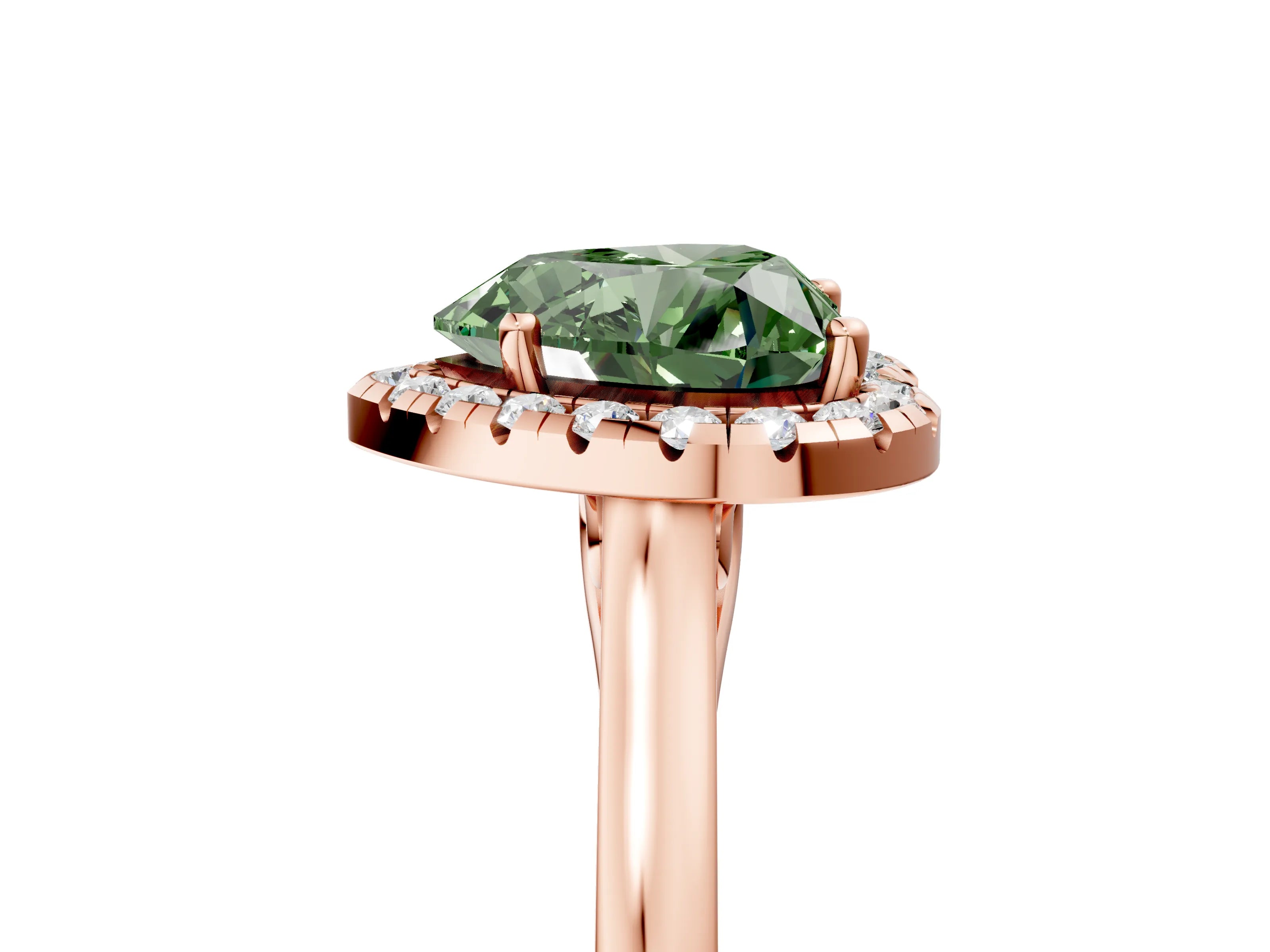 Rose gold Fancy Green Heart Cut Halo Round Diamond Solitaire Ring with Pavé Band and Four-Prong Setting_17