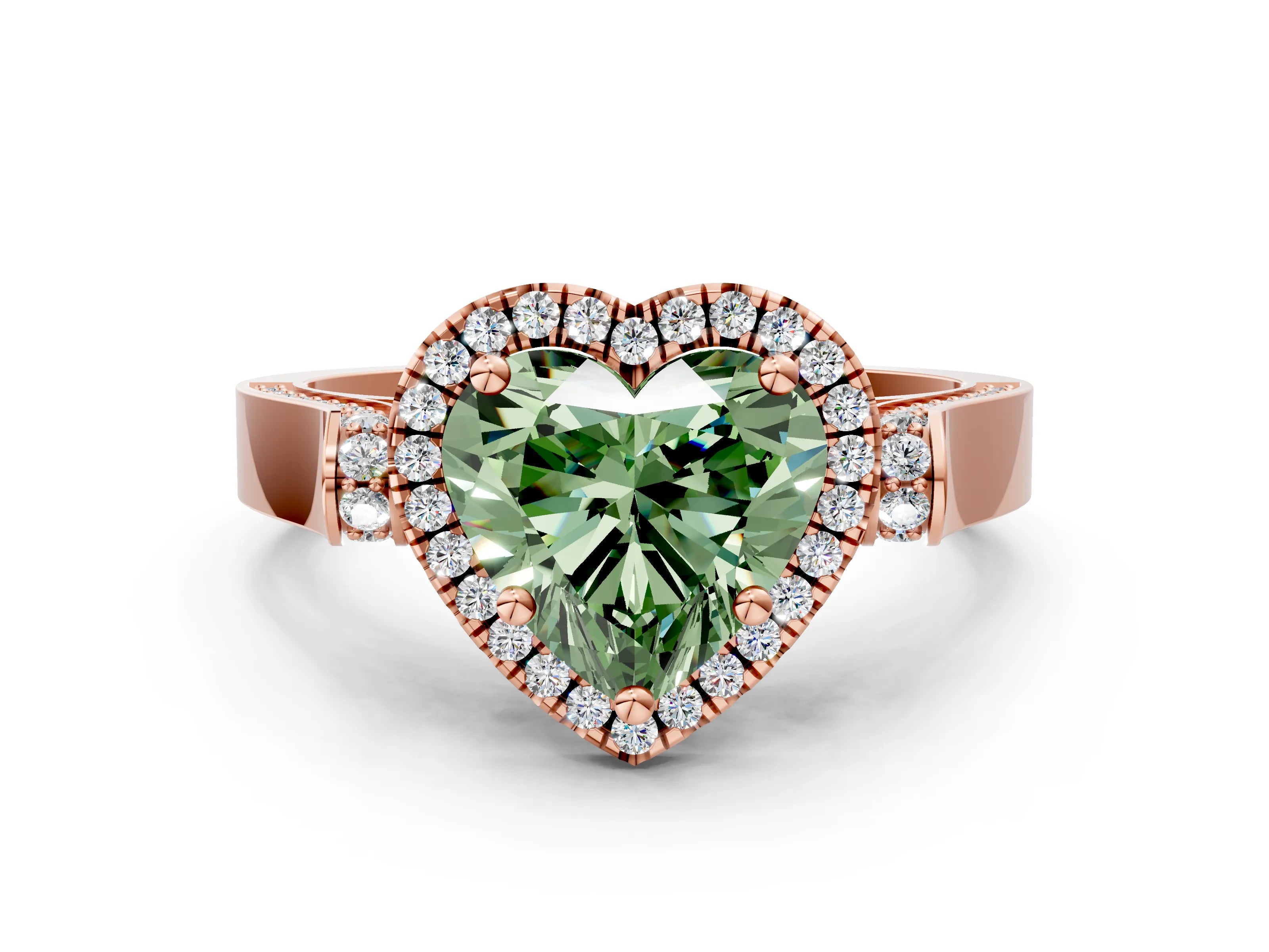 Rose gold Fancy Green Heart Cut Halo Round Diamond Twist Band with Four-Prong Setting