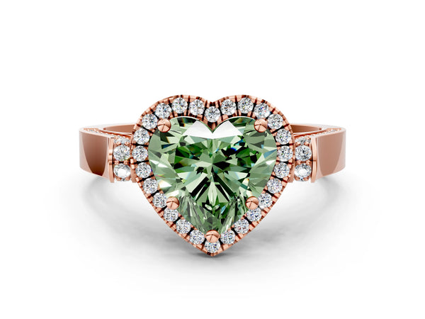Rose gold Fancy Green Heart Cut Halo Round Diamond Twist Band with Four-Prong Setting