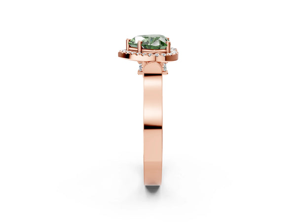 Rose gold Fancy Green Heart Cut Halo Round Diamond Twist Band with Four-Prong Setting