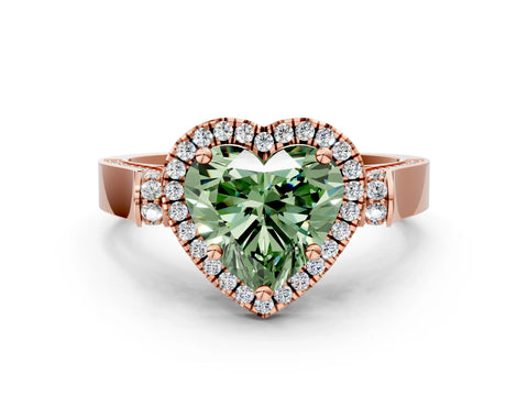 Rose gold Fancy Green Heart Cut Halo Round Diamond Twist Band with Four-Prong Setting
