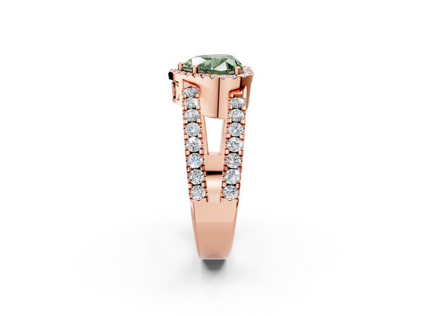 Rose gold Fancy Green Heart  Cut Halo Split Shank Diamond Ring with Four-Prong Setting