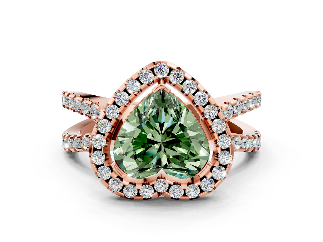 Rose gold Fancy Green Heart  Cut Halo Split Shank Pave Set Ring