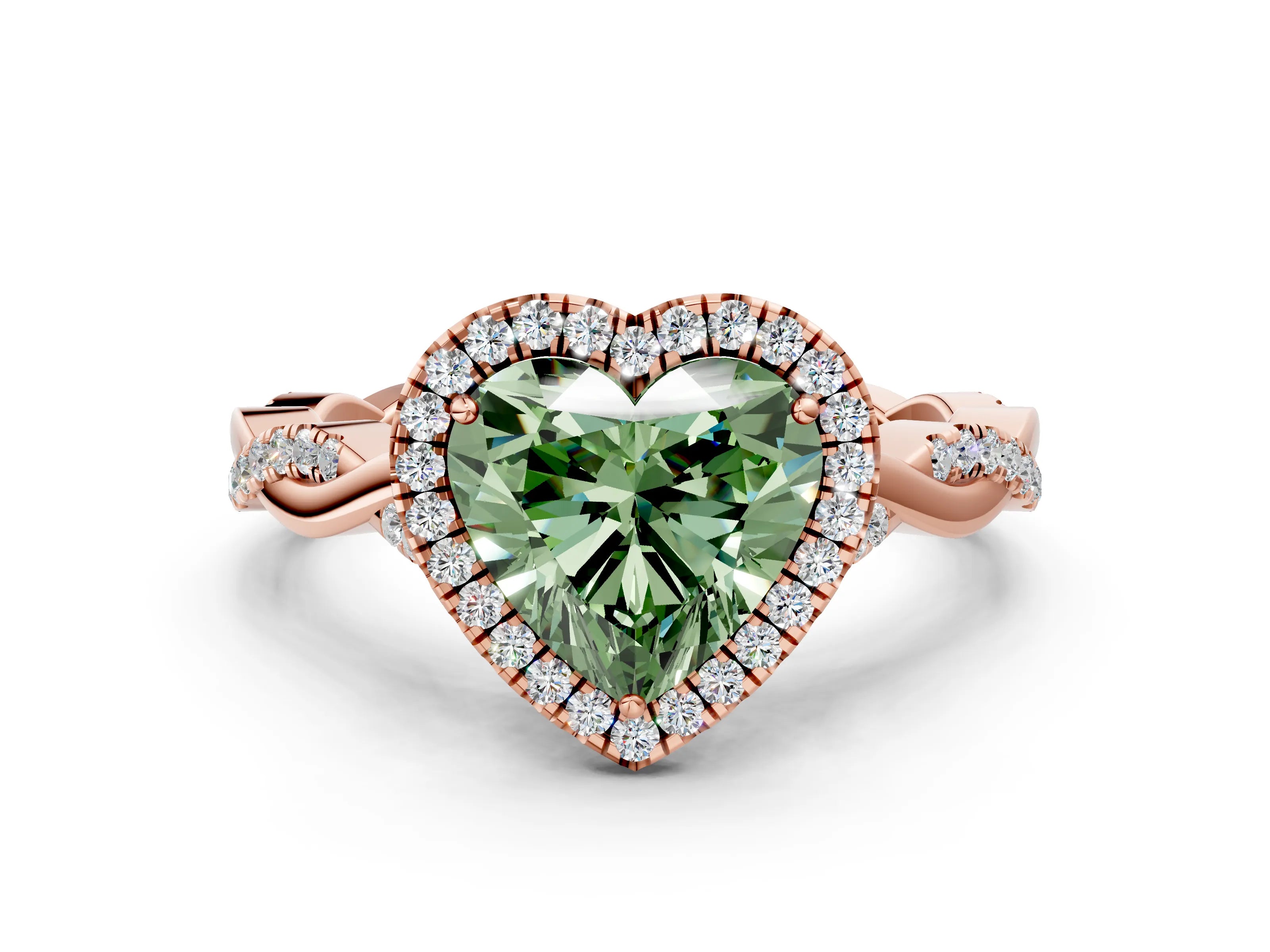 Rose gold Fancy Green Heart Cut Halo Twist Band with Four-Prong Setting