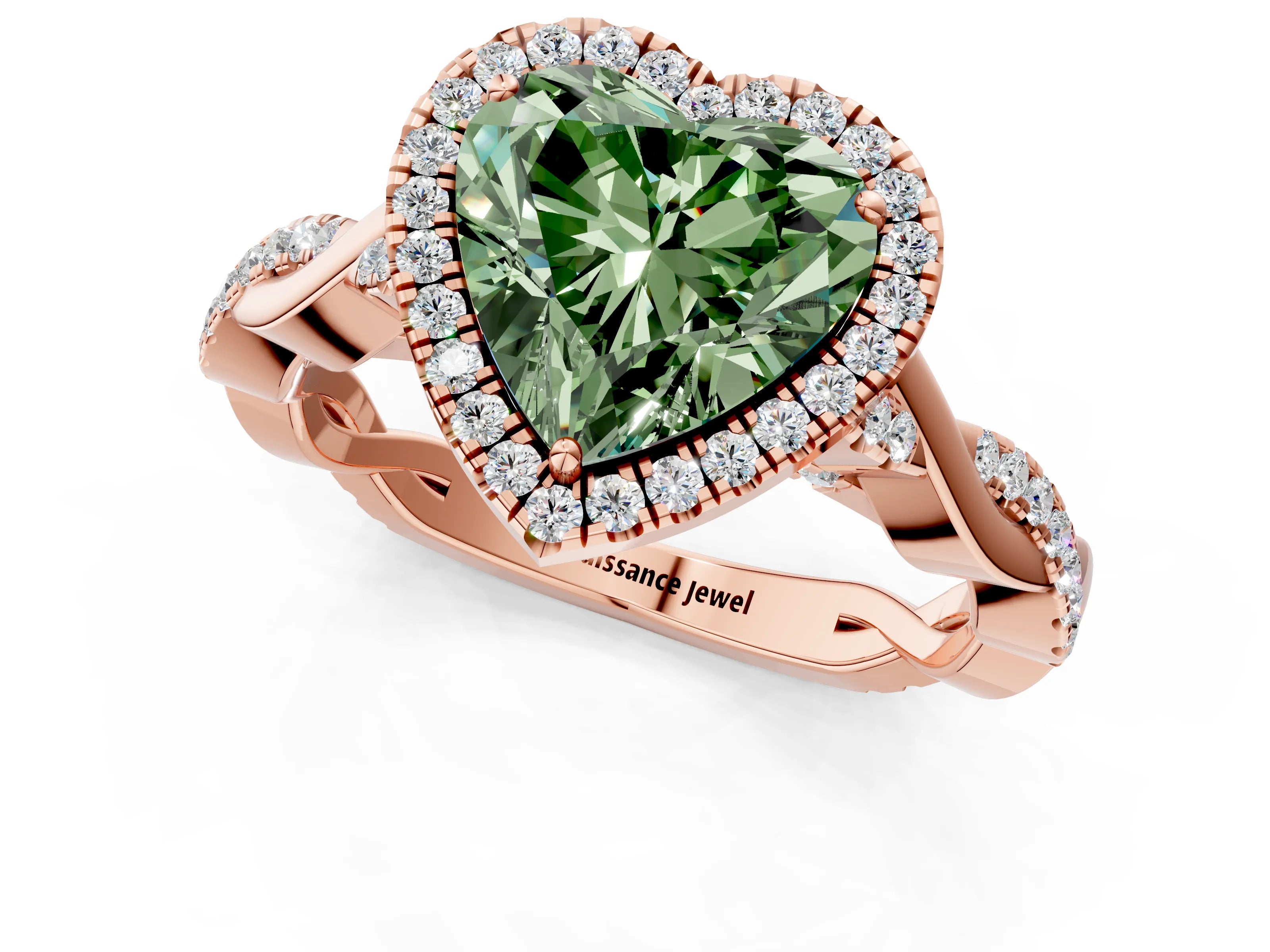 Rose gold Fancy Green Heart Cut Halo Twist Band with Four-Prong Setting_1