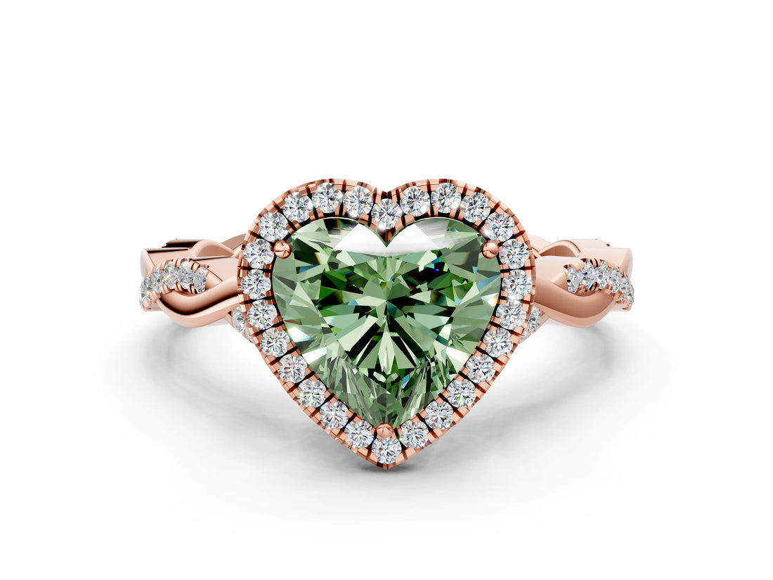 Rose gold Fancy Green Heart Cut Halo Twist Band with Four-Prong Setting_12