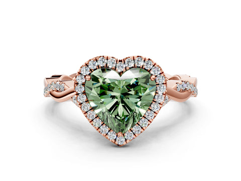 Rose gold Fancy Green Heart Cut Halo Twist Band with Four-Prong Setting