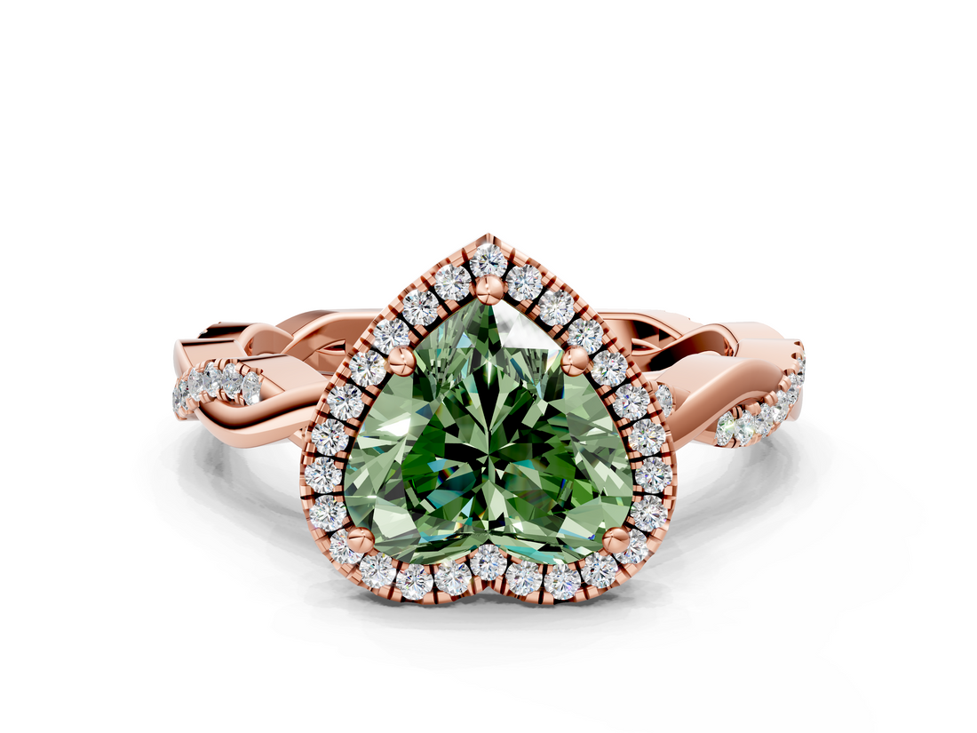 Rose gold Fancy Green Heart  Cut Halo Twisted Band Four-Prong Ring