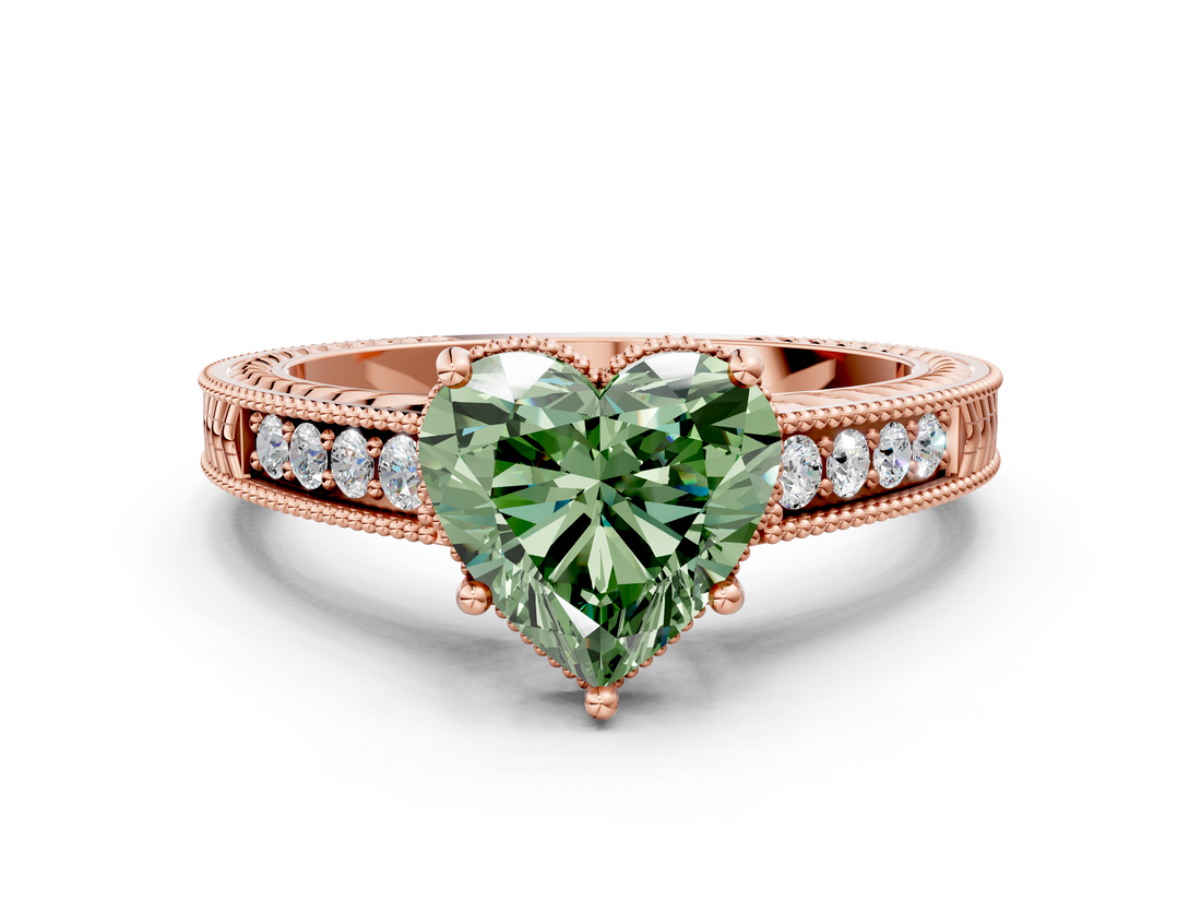 Rose gold Fancy Green Heart  Cut Milgrain Channel Set Engagement Ring with Solitaire Prong Setting