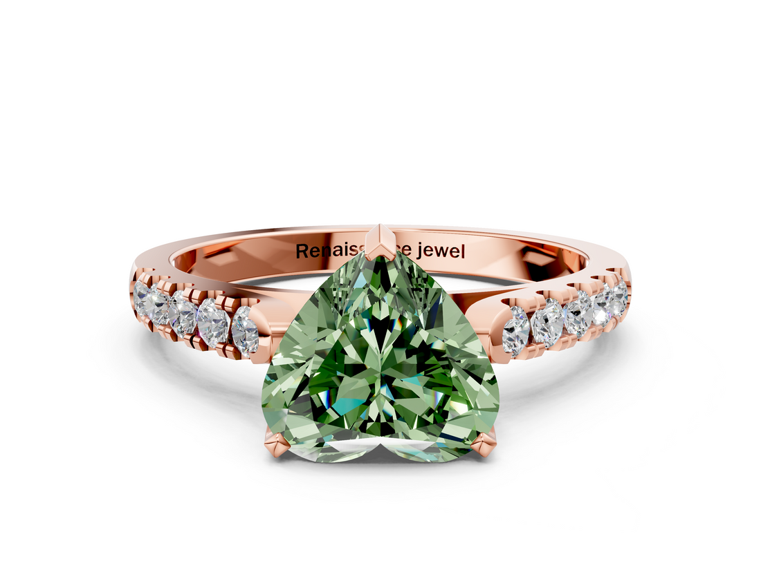 Rose gold Fancy Green Heart  Cut Pavé Band Solitaire Ring with Four-Prong Setting