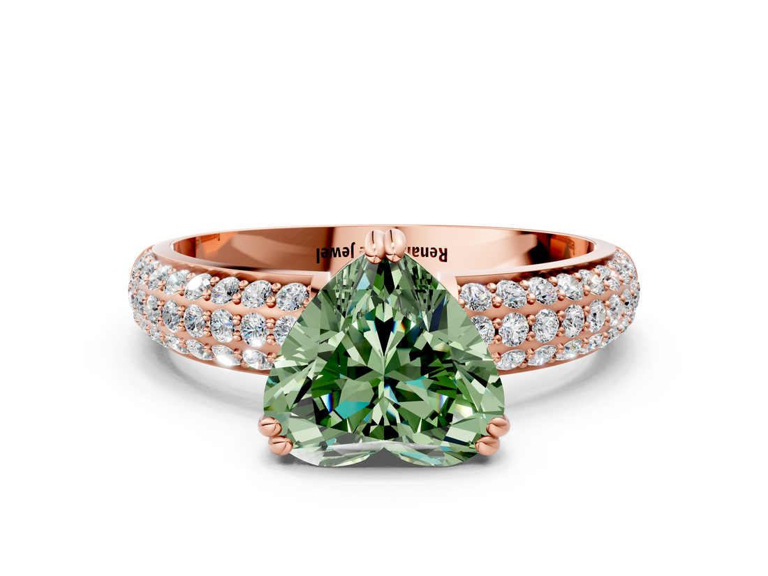 Rose gold Fancy Green Heart  Cut Pave Diamond Engagement Ring with Channel Set Band and Four-Prong Setting