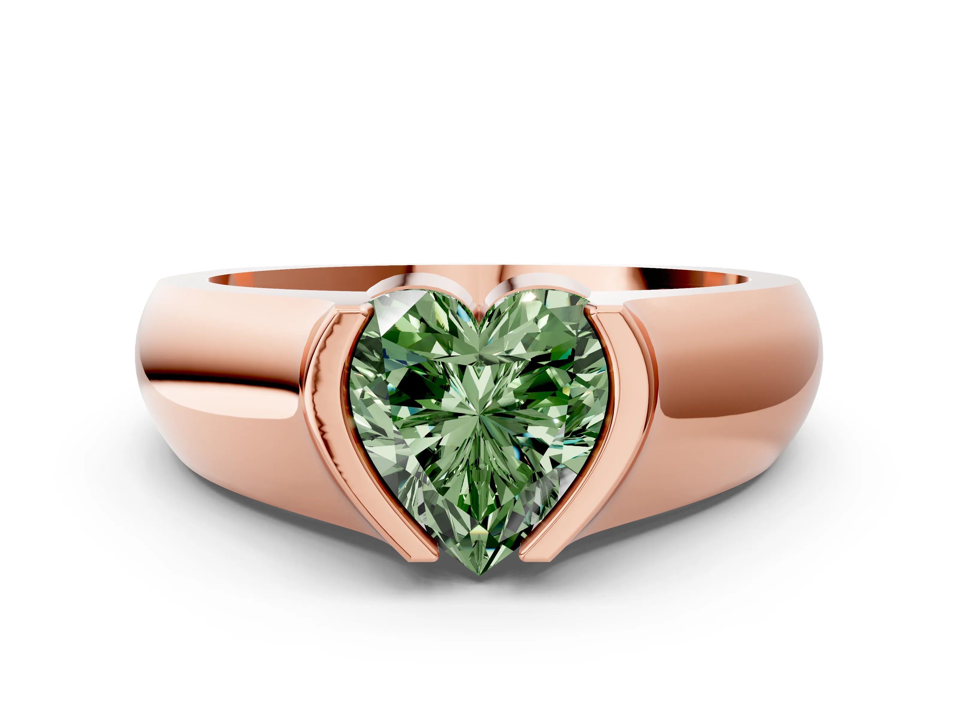 Rose gold Fancy Green Heart Cut Solitaire Bezel Set Diamond Ring with Wide Band