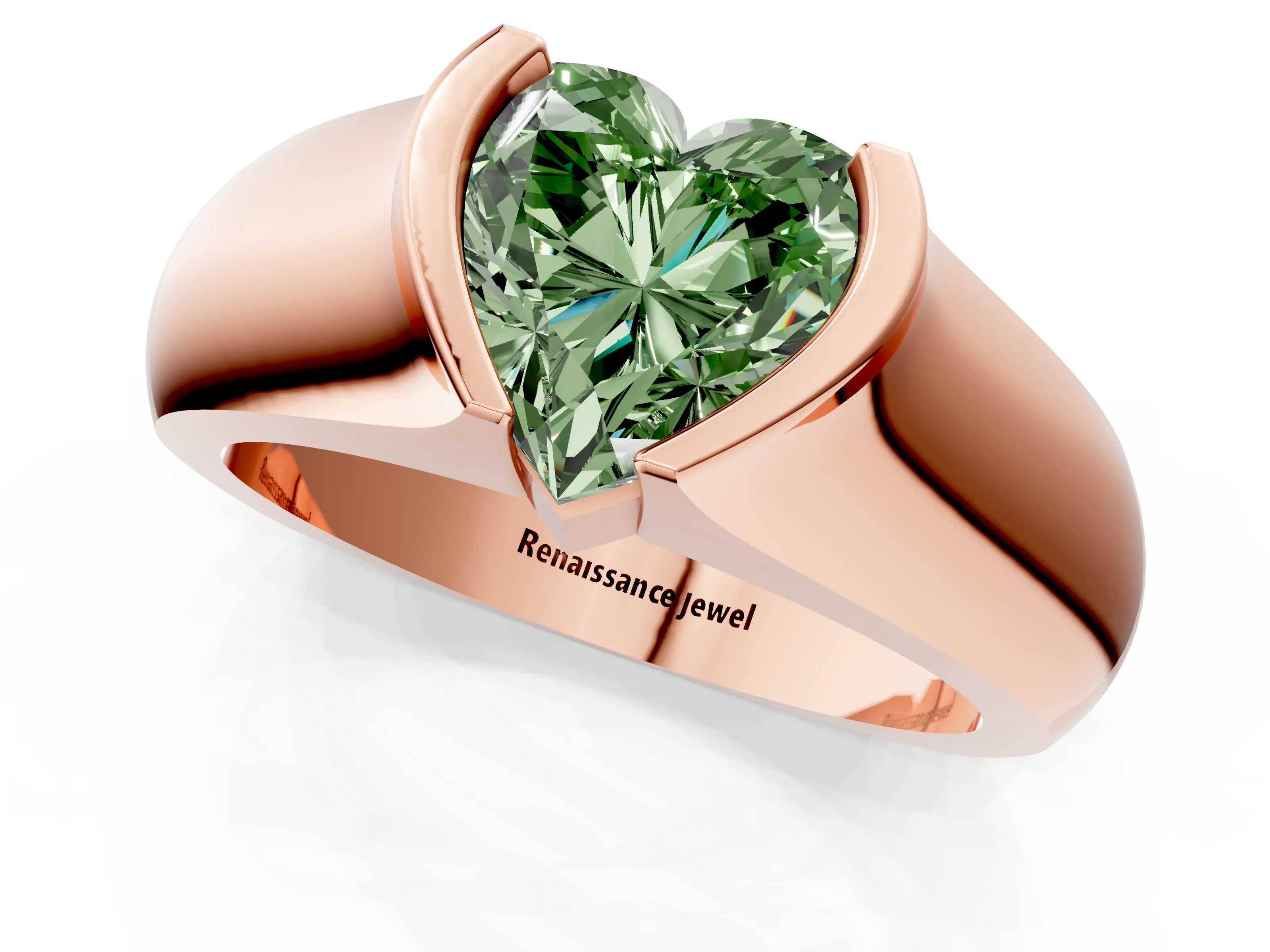 Rose gold Fancy Green Heart Cut Solitaire Bezel Set Diamond Ring with Wide Band_1